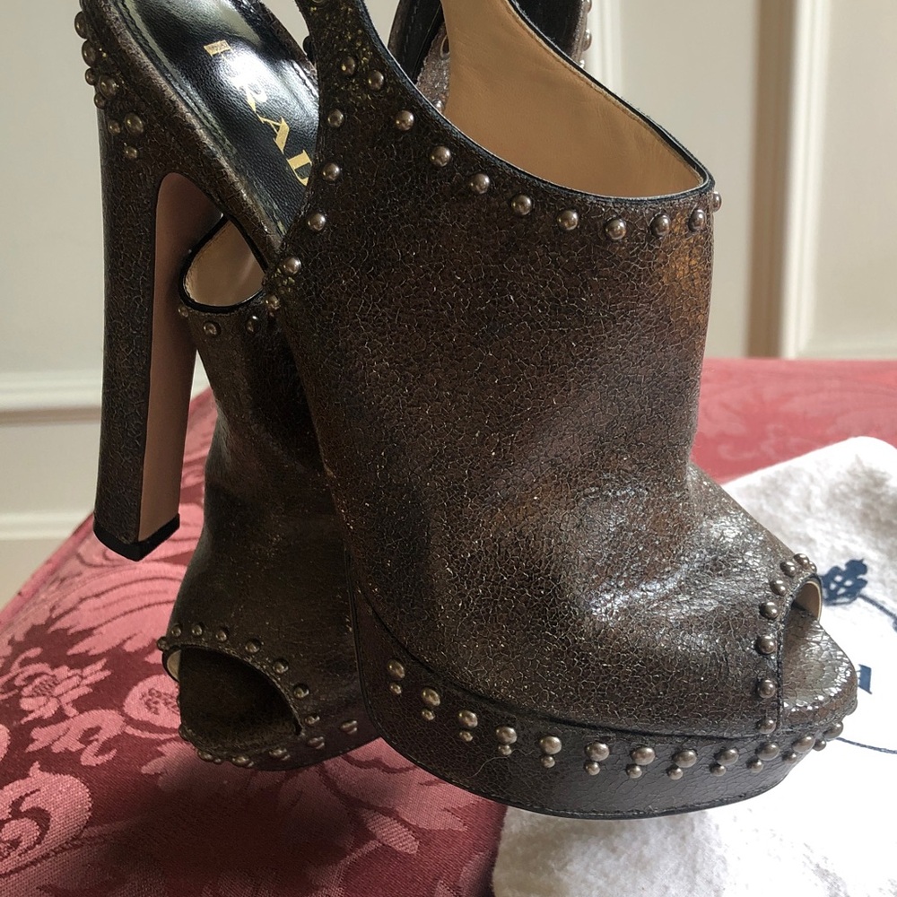 Prada Women's Dark Green Cracked Leather Studded Platform Heels